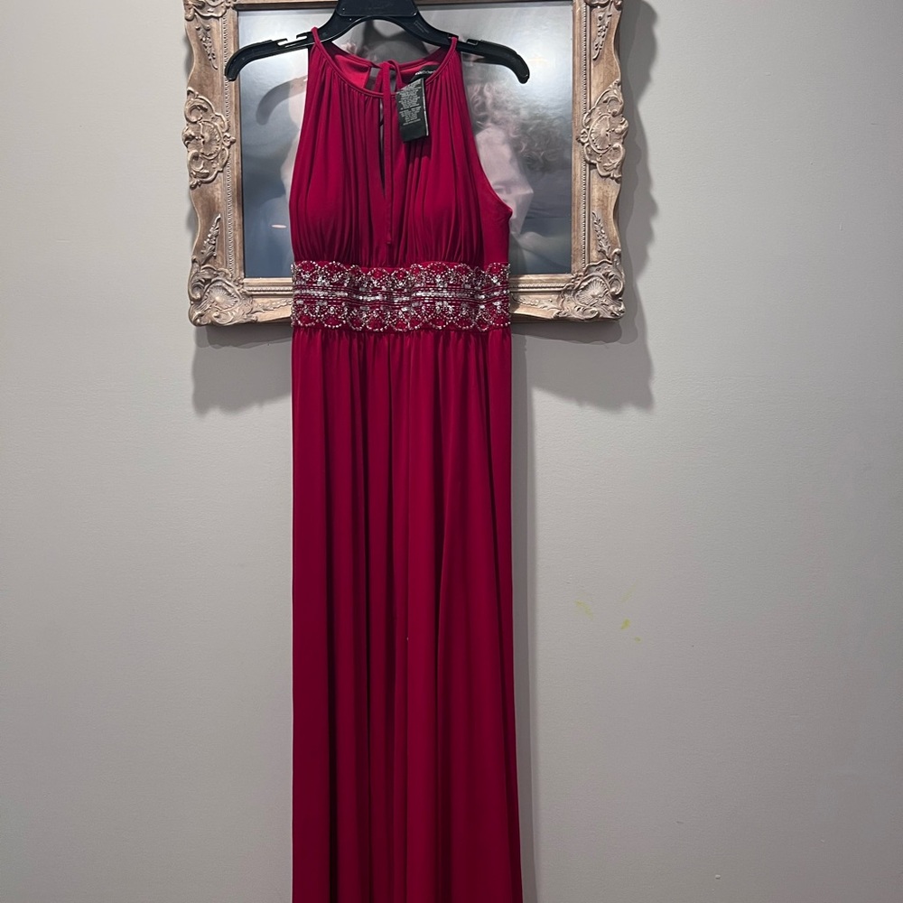 R&M Richards Burgundy Maxi Dress with Embellished Waist